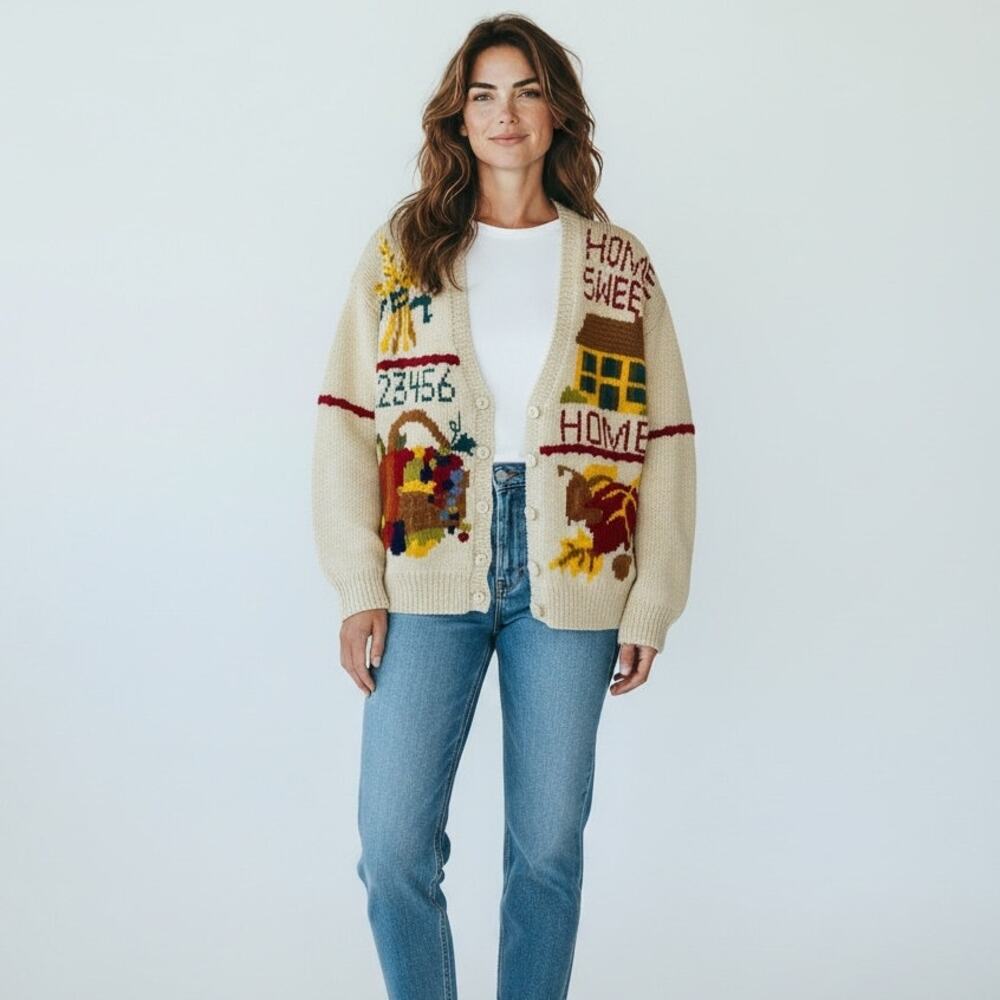 Marisa Christina Hand Knit Home Sweet Home Sweater NWT Women's Sz SP Cream